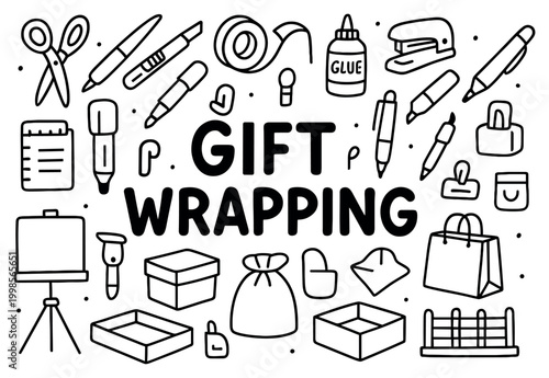 Gift wrapping icons with scissors tape glue outline doodle