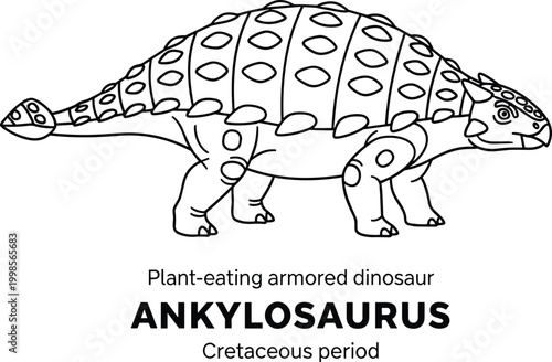 Line art of Ankylosaurus plant eating armored dinosaur Cretaceous period.