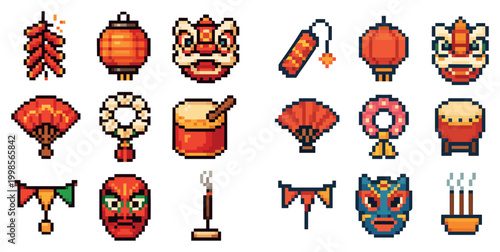 Festival icons with lantern drum lion pixel