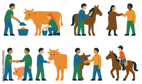 Farm icons with cow horse pig person flat style