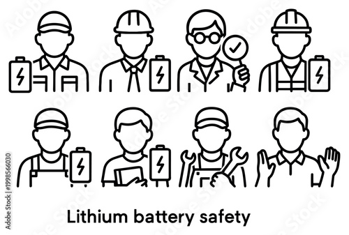 Safety icons with worker battery technician outline minimal