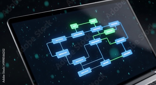Digital blockchain network flowchart on laptop screen with neon glow