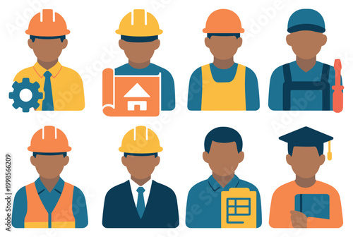 Construction icons with helmet blueprint clipboard colorful flat