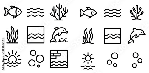 Marine icons with fish dolphin coral outline