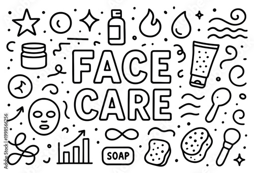 Face care icons with mask cream soap sponge doodle outline