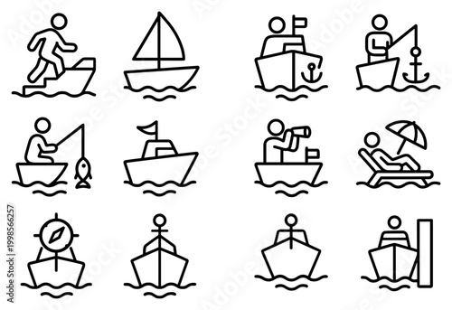 Nautical icons with boat sailboat fishing rod binoculars minimal outline