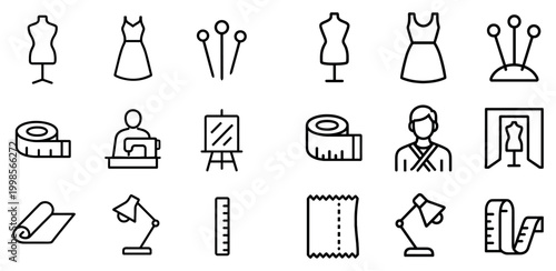 Fashion icons with dress mannequin pins and measuring tape outline