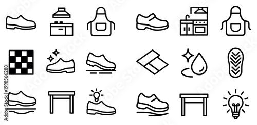 Footwear icons with shoe apron kitchen minimal outline