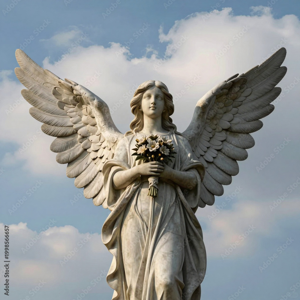 Fototapeta premium Statue of Angel holding Flowers against a Cloudy Sky