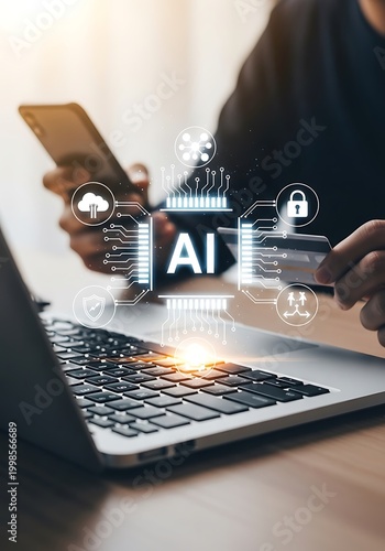 Business professional using AI technology on laptop with digital icons overlay