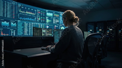 Woman working multiple monitors in dark security operations center