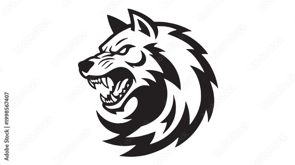 Obraz premium Wolf head logo with aggressive expression, sharp fangs, and bold black and white tribal stripes on clean background featuring predator, mascot,