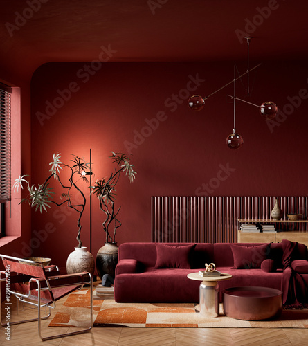 Konstfotografi Dark moody red living room interior with luxury contemporary furniture and cinematic lighting creating bold monochrome home atmosphere