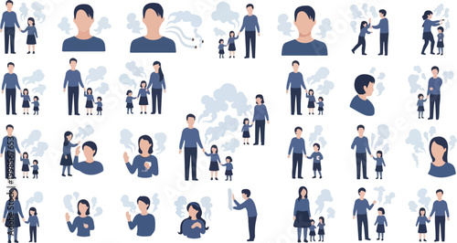 Collection of stylized figures of people with steam or smoke elements, representing families or individuals in everyday life.