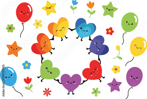 Cute cartoon character hearts holding hands with colorful balloons and stars for friendship and love pride celebration.