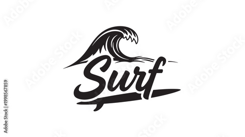 Sticker Surf word art logo with black wave and retro script style for beach branding and