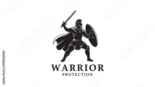 Warrior protection logo with knight silhouette holding sword and shield for armor safety and tactical defense branding featuring combat, guard,