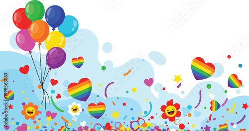 Festive background with colorful balloons and rainbow hearts for pride month celebration and happy holiday decoration.