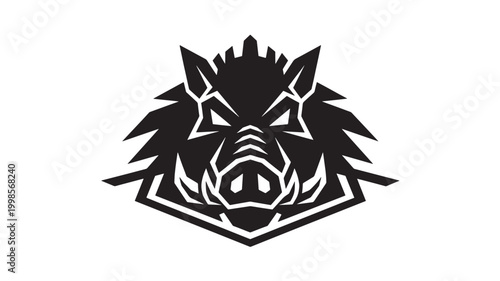 Emblem logo with spiky crown hood and stylized skull face surrounded by sharp geometric armor lines featuring badge, insignia, biker style with