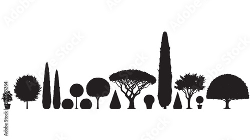 Landscaping tree silhouette line art with city skyline elements and plants for nature background design featuring cityscape, foliage, forest
