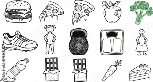 Healthy and unhealthy food alongside fitness and exercise equipment doodle icons vector set transparent background.
