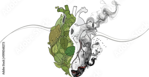 Heart divided in half showing contrast between healthy green nature environment and polluted gray industrial smog smoke.