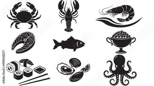 Crab, lobster, shrimp and sushi icons set with vintage seafood silhouettes and chopsticks for restaurant menu graphics featuring octopus, fish