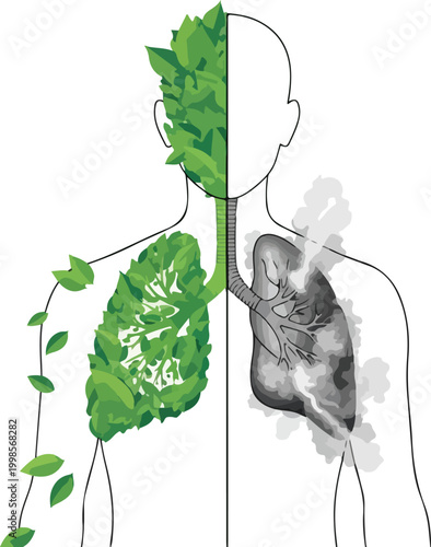 Human body outline split into healthy green side with lush leaves and unhealthy gray side with dark polluted lung smoke.