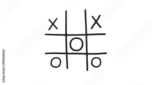 Tic tac toe game icon with black X and O marks in a grid for strategy and board games featuring X and O, noughts and crosses, puzzle with fun and