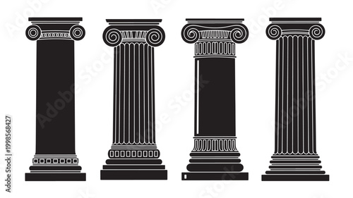 Columns architectural icon set with Roman-style capitals and fluted shafts for vintage Greek and Roman design featuring classical architecture,