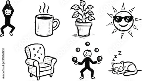 Morning routine and home activity doodles including coffee mug armchair cat sleeping sun plant and stickman juggling balls.