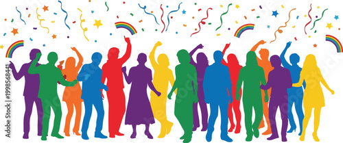 People silhouettes celebrating pride parade with rainbow confetti and stars background for equality party celebration.