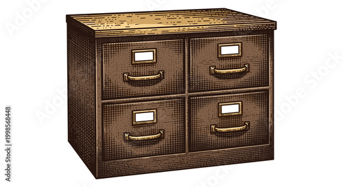 A vintage style wooden filing cabinet with four drawers on a black background