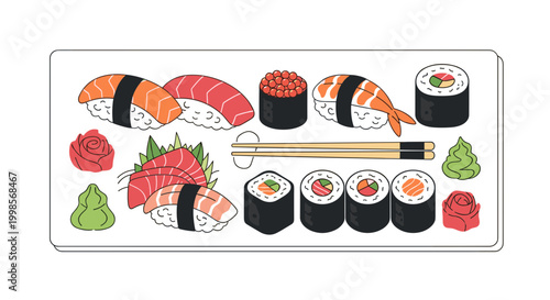 A colorful vector graphic illustration of various sushi rolls and sashimi on a plate