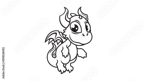 Dragon character cute cartoon with fiery flames vector outline illustration for gaming, kids, and fantasy branding featuring fire, flame effect,