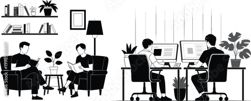 Home and office lifestyle silhouettes featuring reading relaxing and computer work environments