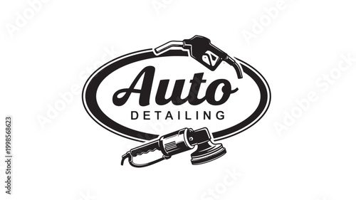 Gas pump fueling service logo with Premium Auto detailing typography and illustrated fuel nozzle in black and white featuring gasoline, maintenance,