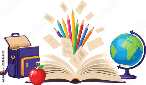 School supplies open book pencil set globe apple and backpack education concept illustration.