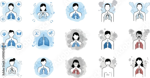 Respiratory health awareness vector icons collection showing human lung conditions and clean air for medical education.