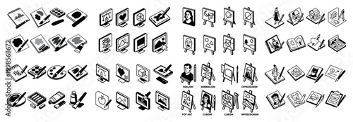 Art icons with easel canvas brush minimal outline