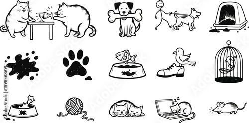 Set of black and white line art pet icons cats dogs bird hamster bowl paw print and house isolated on transparent background.