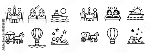 Leisure icons with dining boat balloon outline