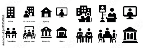 Business icons with office building people flat