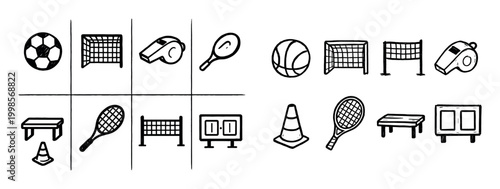 Sports icons with ball net and whistle outline