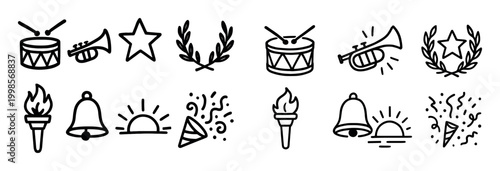 Celebration icons with drum trumpet star outline black
