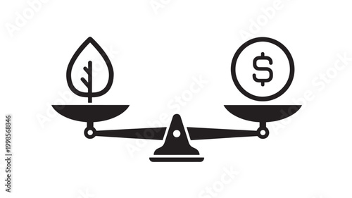 Balance scale icon with leaf symbol and dollar sign for economic growth and sustainable finance concept featuring sustainability, eco economy, green