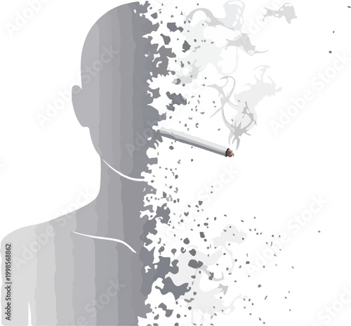 Smoking health hazard conceptual vector illustration showing human silhouette dissolving into smoke with white cigarette.