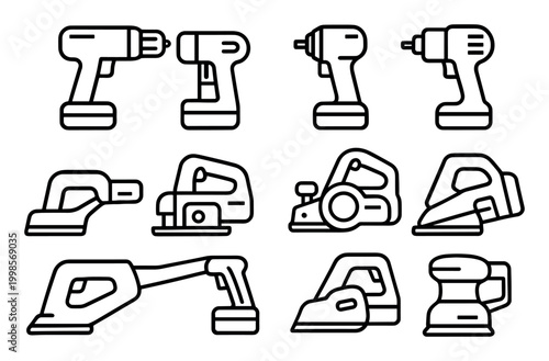Workshop icons with drill sander jigsaw outline