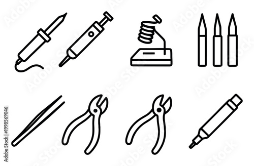 Tool icons with soldering iron pliers marker outline