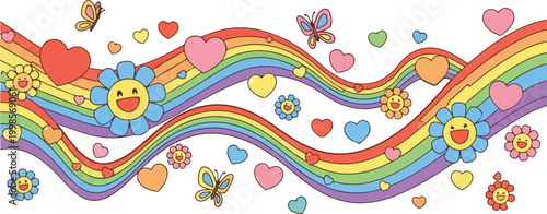 Whimsical rainbow waves hearts and smiling flowers with butterflies in a cheerful and playful design for kids or celebration.